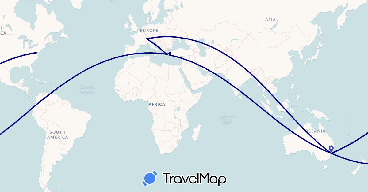 TravelMap itinerary: driving in Australia, Switzerland, Colombia, Greece, Turkey, United States (Asia, Europe, North America, Oceania, South America)
